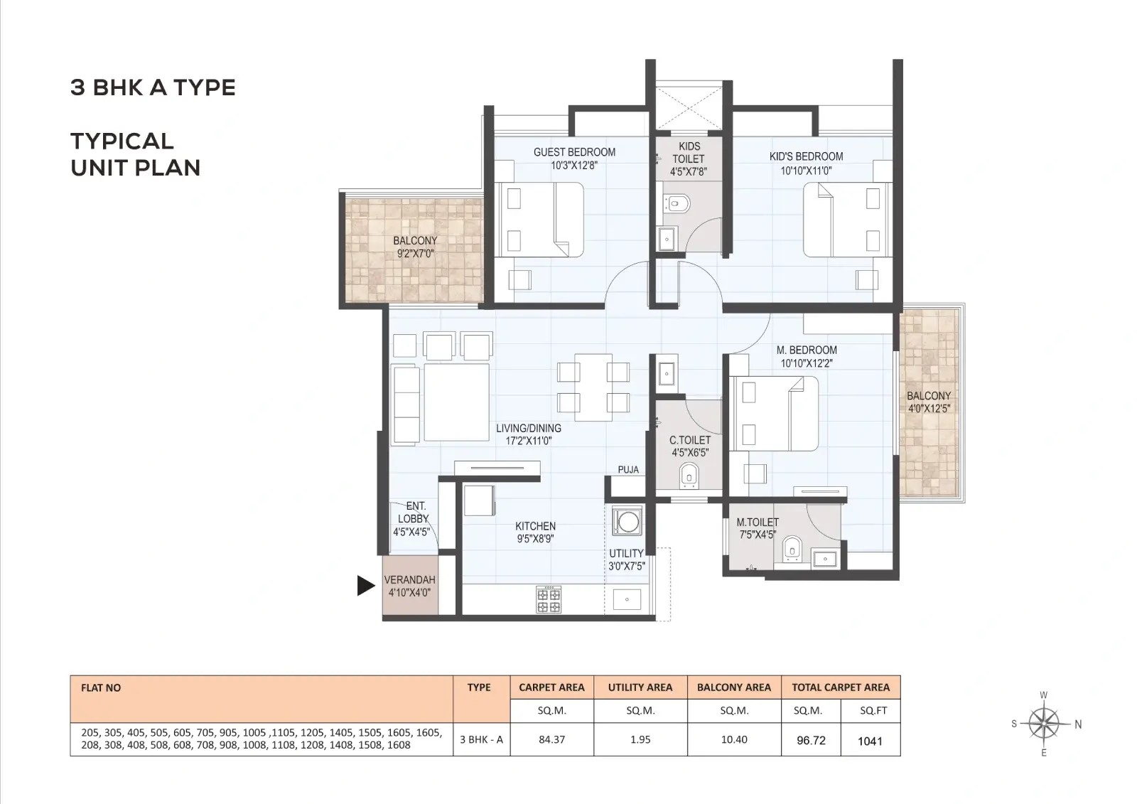 3 BHK A Type typical unit plan Floor Plan